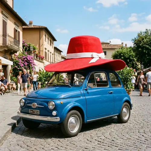 Blue Car in a Red Hat: A Whimsical Scene