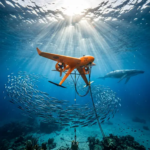 Orange Tidal Kite Underwater with Blue Waves and Sun Beams