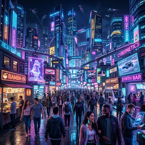 Vibrant Future Cityscape at Night with Diverse Crowd