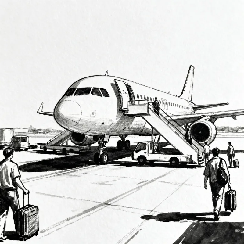 People Collecting Luggage from Parked Plane Drawing
