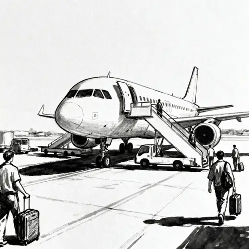 People Collecting Luggage from Parked Plane Drawing