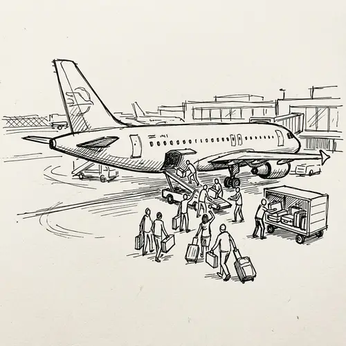 People Collecting Luggage from Parked Plane Drawing