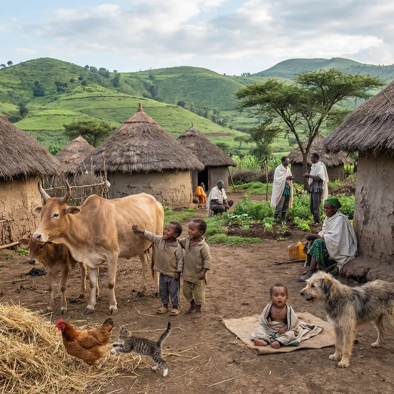 Ethiopian Village: A Pastoral Scene with Farm Animals Ethiopian Village: A Pastoral Scene with Farm Animals