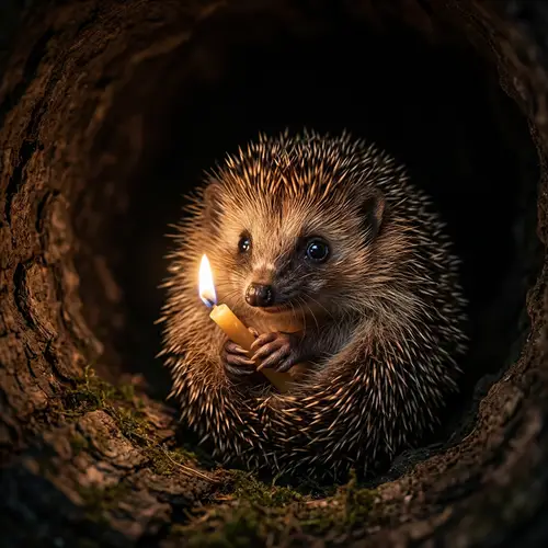 Fearful Hedgehog Clutching Candle in Darkness