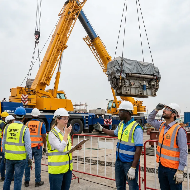Realistic Illustration of Critical Lifting Operation with 200-tonne Mobile Crane and Diverse Characters