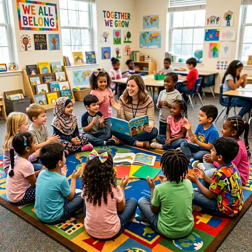 Diverse Group of Children Engaged in Unity Activity with Teacher