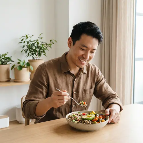 Healthy Vegan Man Enjoying Nutrient-Rich Meal | Peaceful Setting