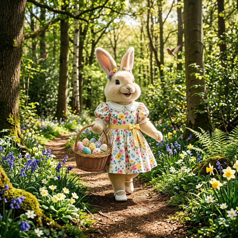 Cheerful Easter Bunny in Zuhair Murad Dress Walking in Sunny Forest