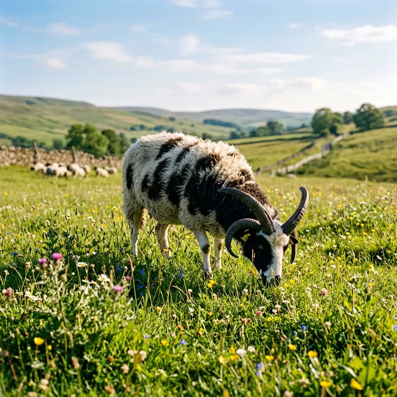 Beautiful Jacob Sheep Grazing in a Green Pasture Beautiful Jacob Sheep Grazing in a Green Pasture