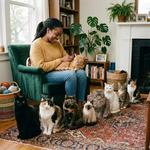 Tranquil Cat Cuddling Scene | Diverse Lineup of Cats