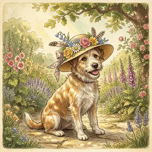 Playful Dog in Colorful Sunhat | Whimsical Art Style