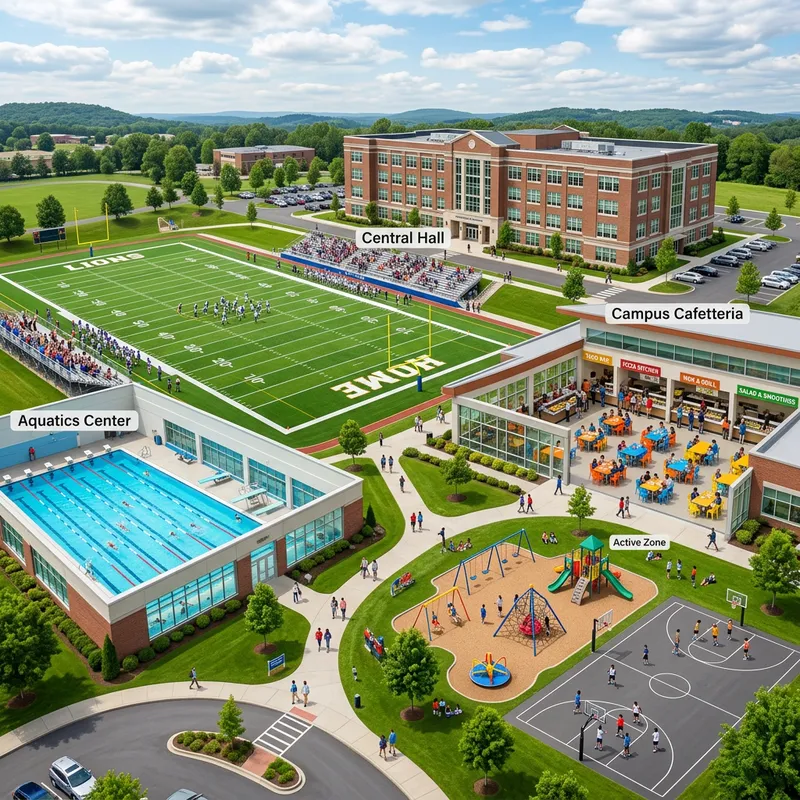 Modern School Campus with Football Field, Cafeteria, Pool & Playground