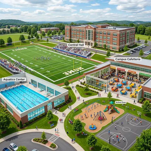 Sprawling School Campus with Football Field, Cafeteria, Swimming Pool & Playground