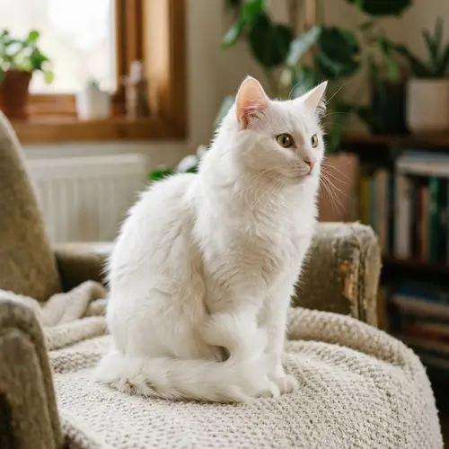 Graceful White Cat with Fluffy Tail - Curiosity and Anticipation