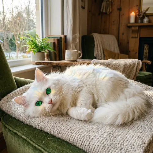 Fluffy Snow-White Cat with Emerald-Green Eyes
