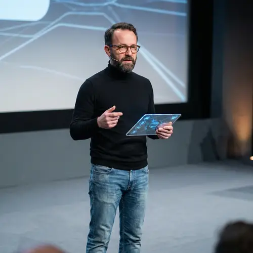 Middle-Aged Man Presenting Futuristic Digital Device on Stage