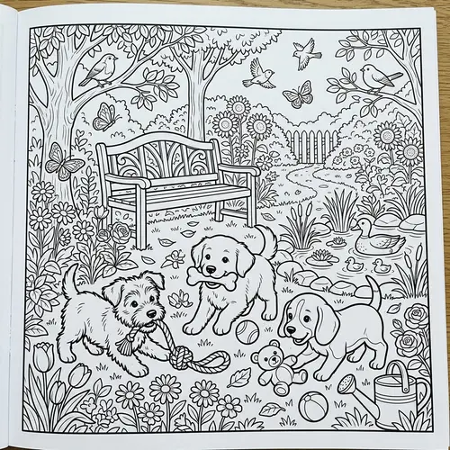 Playful Puppies Coloring Scene with Toys in Flower Garden