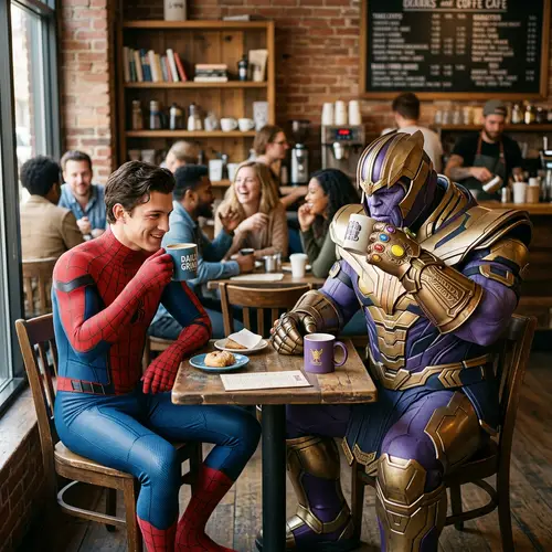 Man in Spider Costume Enjoys Coffee with Friend in Purple Suit