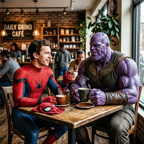 Hyper-Realistic Image of Spider-Themed Man and Muscular Figure Enjoying Coffee