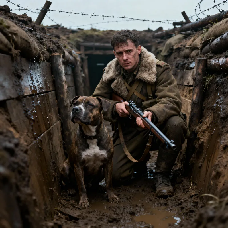 Soldier in Trenches with Pitbull - Powerful Imagery
