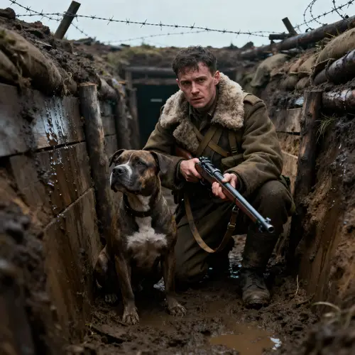 Soldier in Trenches with Pitbull - Powerful Imagery