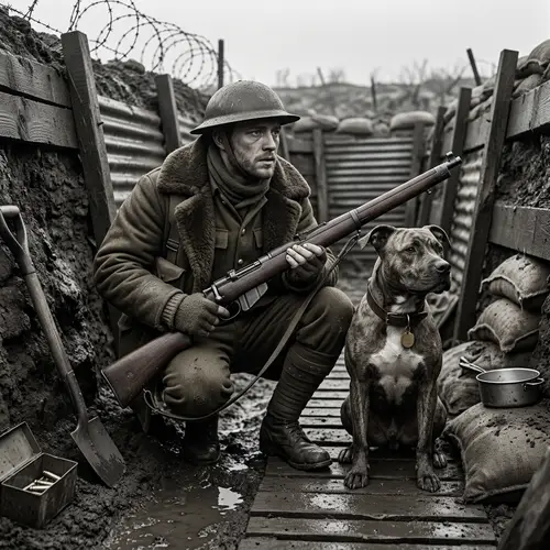 Soldier in Trenches with Pitbull - Powerful Imagery