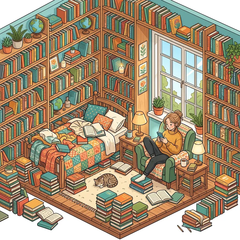 Isometric Bedroom with Bookcases: Vibrant Book-Lover's Paradise