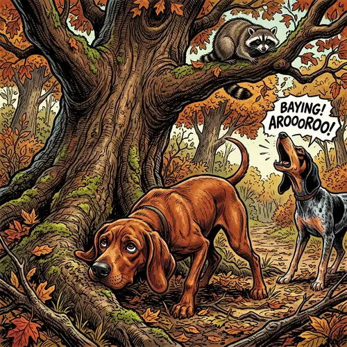 Curious Coonhound at the Oak Tree