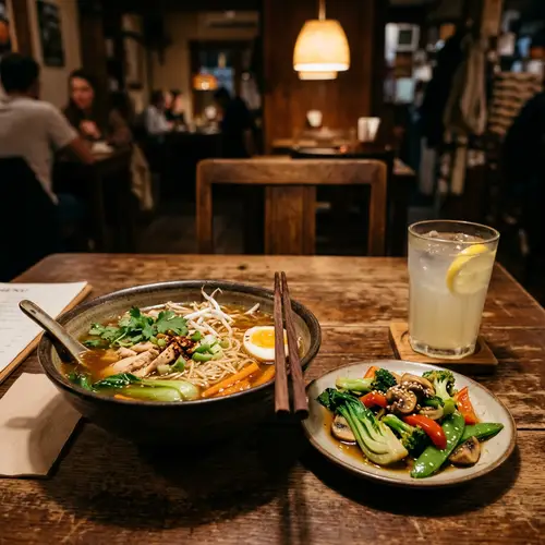 Affordable Meal: Noodle Soup, Vegetables & Lemonade