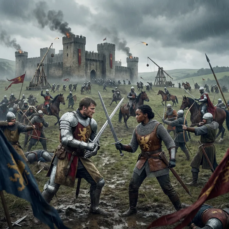 Epic Medieval Battle Scene: Knights Duel on Gory Battlefield