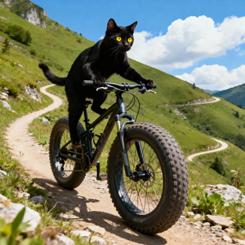 Black Cat Rides Mountain Bike: A Hyperrealistic Scene
