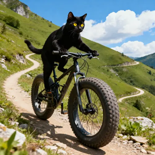 Black Cat Rides Mountain Bike: A Hyperrealistic Scene
