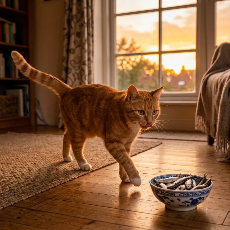 Hungry Cat Approaching Fish Bowl - Anticipation Scene Hungry Cat Approaching Fish Bowl - Anticipation Scene