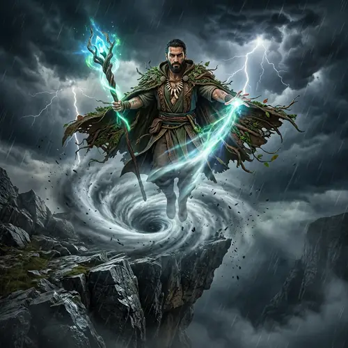 Powerful Middle-Eastern Druid Controlling Tornado - Mystical Scene