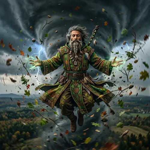 Middle-Eastern Male Druid in Vibrant Robes Controlling Tornado