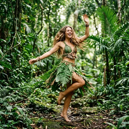 Jungle Girl Portrait: Happy Woman Dancing in Nature