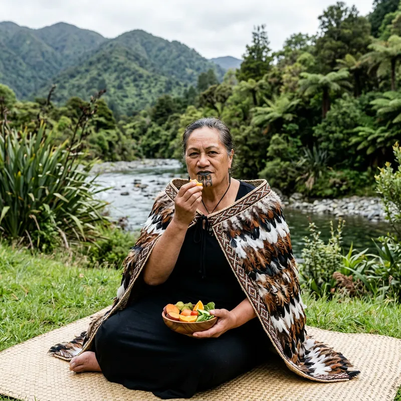 Maori Woman Embodying Grace and Strength | Natural Landscape | Eating Healthy Food Maori Woman Embodying Grace and Strength | Natural Landscape | Eating Healthy Food