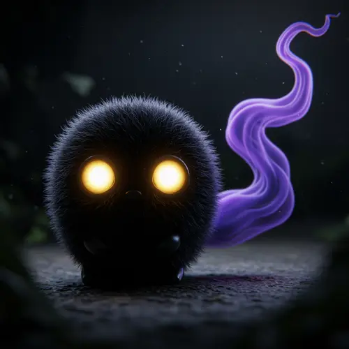Cute Black Furry Sphere with Purple Smoke Tail
