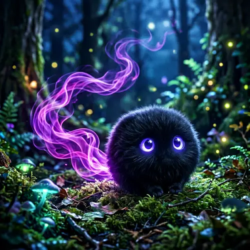 Cute Black Furry Sphere with Purple Smoke Tail
