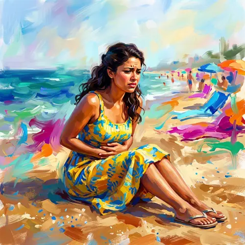 Hispanic Woman in Distress on Vibrant Beach - Urgency Captured
