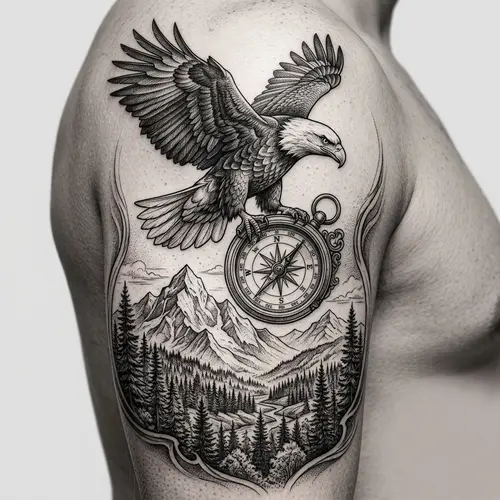 Realistic Monochrome Eagle & Compass Tattoo Design