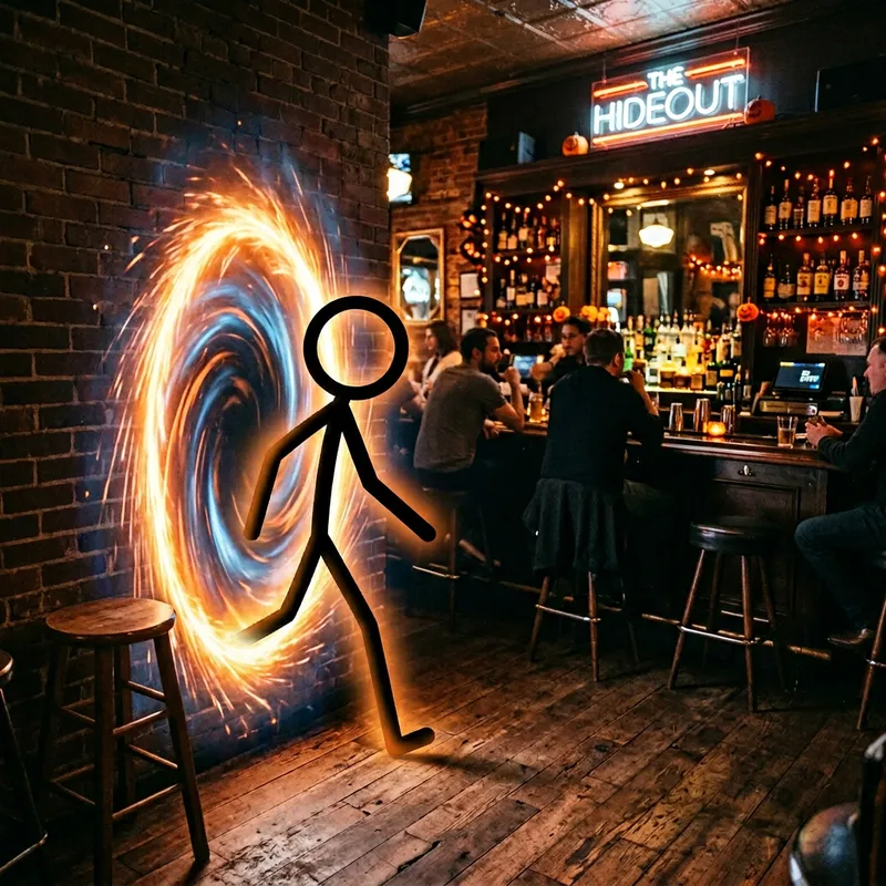 Stick Figure Emerges from Portal at Bar