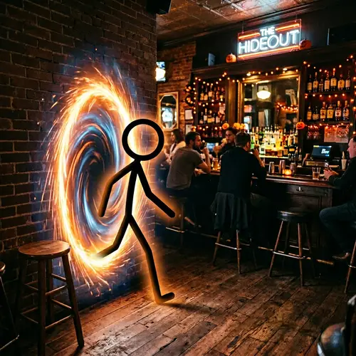 Stick Figure Emerges from Portal at Bar