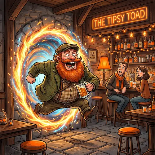 Caricature Emerges from Portal at Vibrant Bar Scene