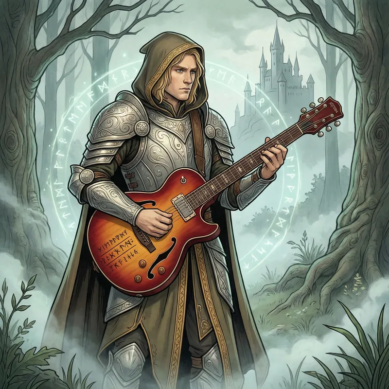 Blond Knight with Cherry Sunburst Guitar Illustration