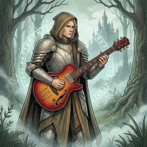Blond Knight with Cherry Sunburst Guitar Illustration