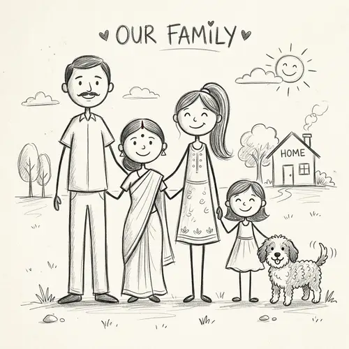 Pencil-Drawn Stick Figure Family Art