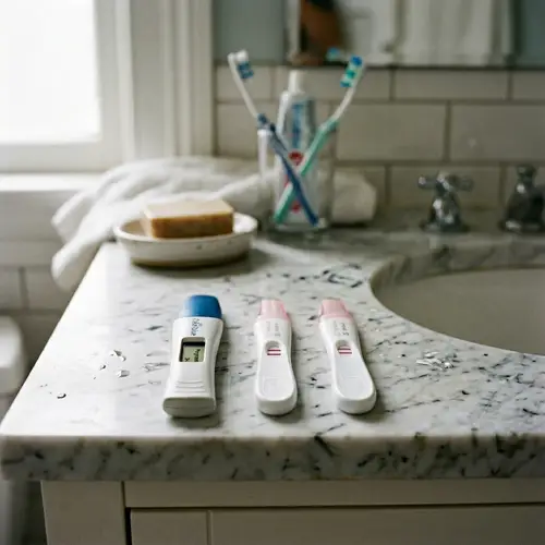 3 Positive Pregnancy Tests on Bathroom Counter