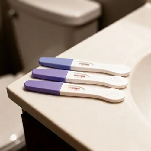 3 Positive Pregnancy Tests on Bathroom Counter