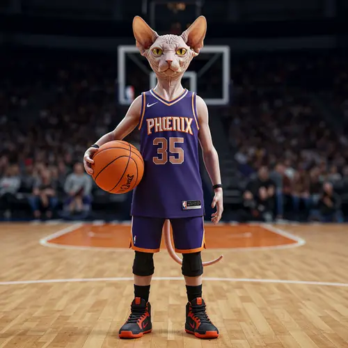 Sphynx Cat in Phoenix Suns Jersey on NBA Court